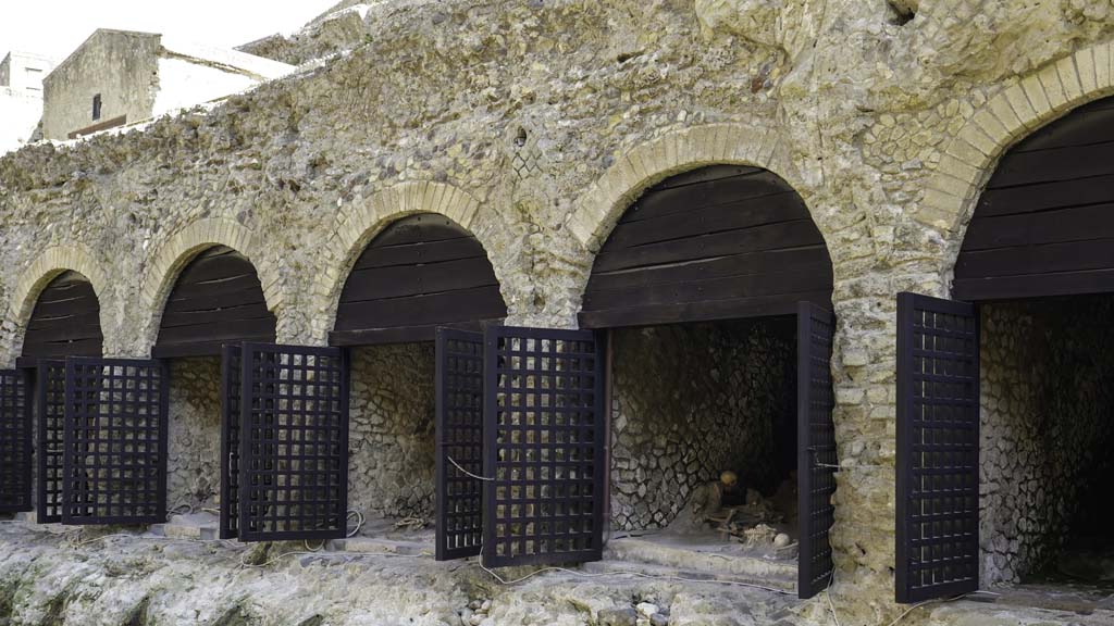 Herculaneum August 2021. 
Looking towards “boatsheds” on west side of steps, and below the Sacred Area. Photo courtesy of Robert Hanson.